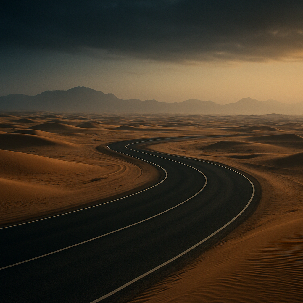 Empty desert proving ground test track at dusk in the Arabian desert